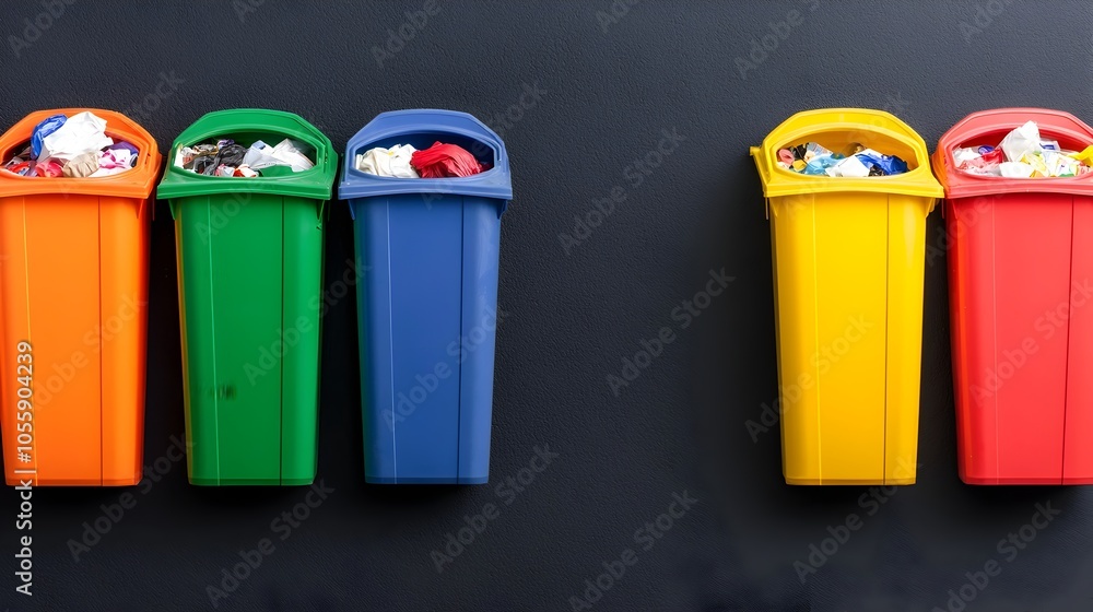 Poster top down wide angle view of various colorful trash bins neatly lined up in an urban alley showcasing