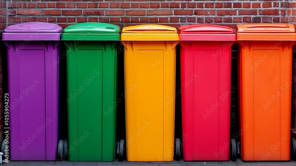 Poster colorful geometric trash bins arranged in a linear pattern along a narrow city alley highlighting th