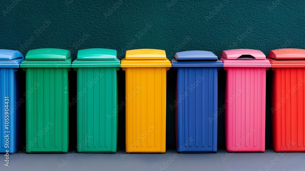 Poster Overhead view of an urban alley showcasing an orderly arrangement of colorful trash and recycling bins emphasizing efficient waste segregation and cleanliness in a city environment