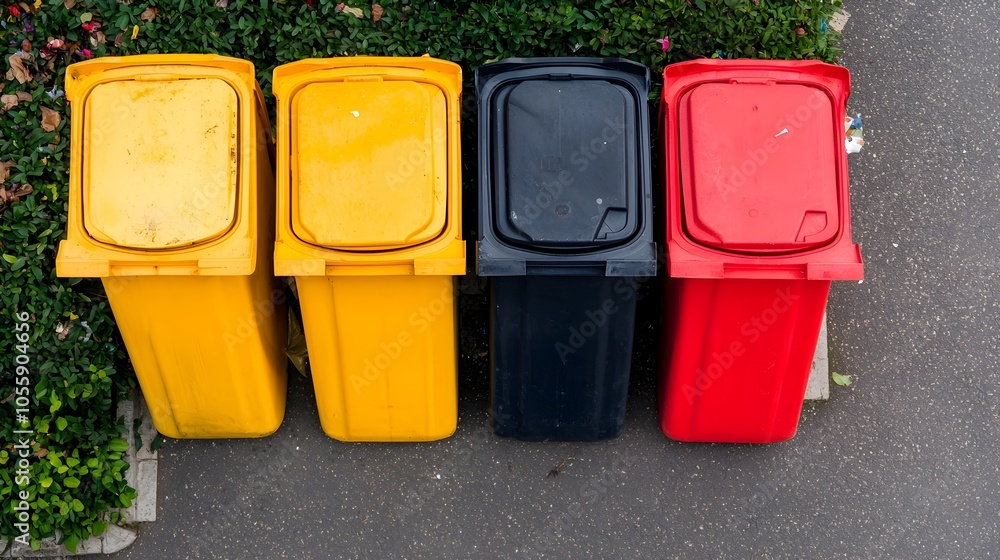 Aufkleber overhead view of vibrant recycling and waste sorting bins arranged in a city alley capturing the con