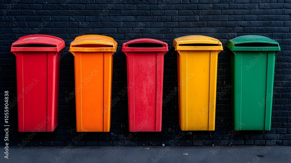 Aufkleber overhead wide angle view of a row of brightly colored recycling and waste bins lining the pavement o