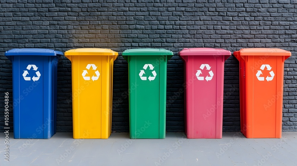 Poster overhead wide angle perspective showcasing a row of colorful recycling and waste bins set within a t