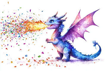 Fototapeta premium Cute watercolor dragon monster, fire flies out colorful confetti, and scales shimmer in pastel colors.