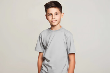 A young Caucasian boy stands confidently in a plain gray t-shirt, smiling gently against a soft neutral background.