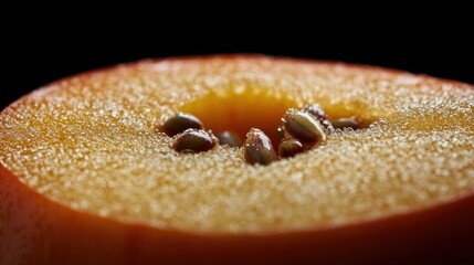 ジューシーで熟した柿のスライスのマクロクローズアップ。種が食感と新鮮さを強調しています。