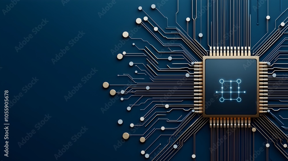 Poster Navy Gradient Tech Background Featuring an Abstract Motherboard with Intricate Digital Circuit Lines and Dots Symbolizing and Digital Connectivity in a Futuristic Minimalist Design