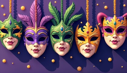 Five vibrant masquerade masks with intricate designs and colors, displayed against a vivid purple background