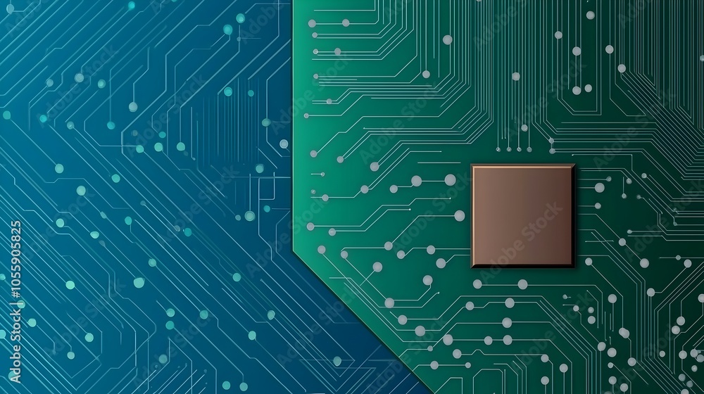 Poster Futuristic digital of a circuit board with interconnected circuits dots and electronic elements on a blue gradient background highlighting advancements in intelligence and high tech engineering