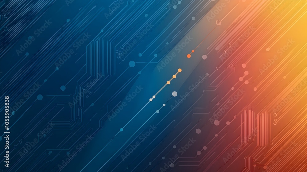 Poster Futuristic digital circuit board with connected lines and dots on a blue technology background representing innovation and advancements in the tech industry