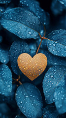 Obraz premium A leaf with a heart on it is surrounded by water droplets