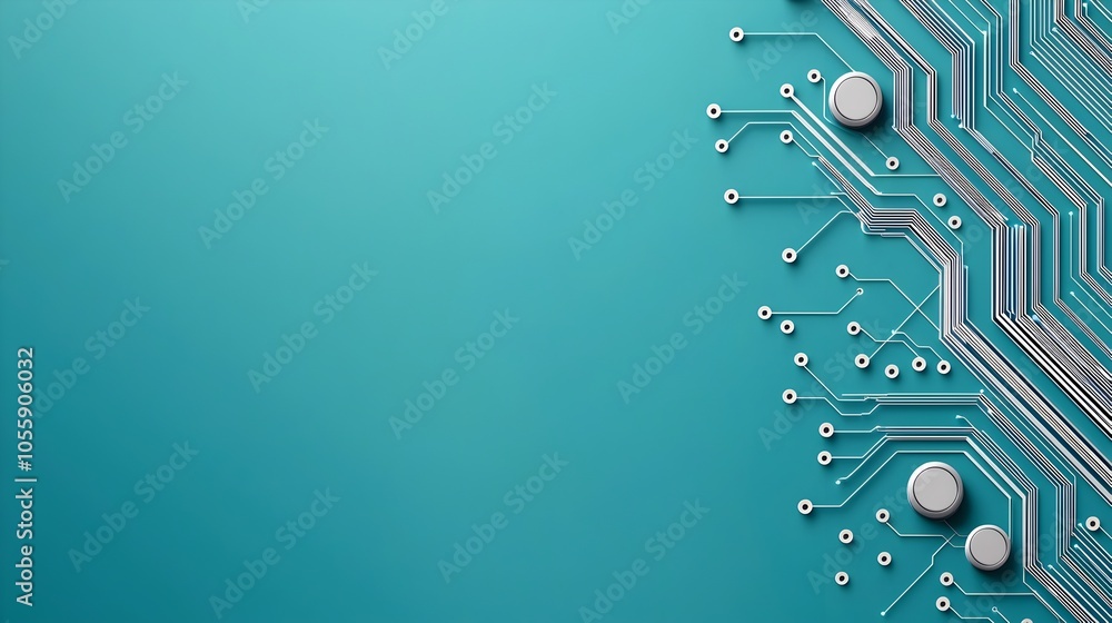 Poster Futuristic abstract of a digital circuit board on a blue background featuring connected lines and dots for a conceptual and technology concept