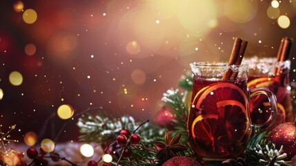 A festive background featuring mulled wine, complete with spices and fruits, perfect for celebrating New Year and Christmas.

