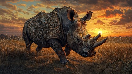 Fototapeta premium Artistic rhinoceros at sunset in the savanna.