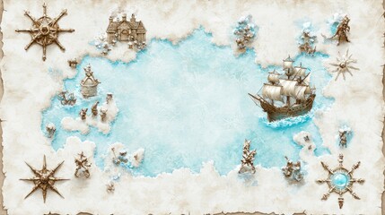 Vintage treasure map with a ship, compass, and islands.