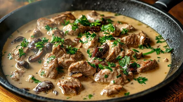 delicious beef stroganoff - veal strips stewed with porcini in sour cream sauce sprinkled with finely chopped parsley on skillet, authentic recipe, view from Video
