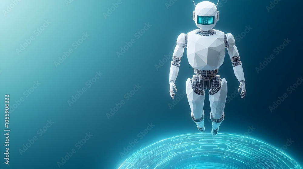 Poster Futuristic 3D digital robot assistant floating above a neon blue portal showcasing innovative technological advancements and a low poly wireframe style