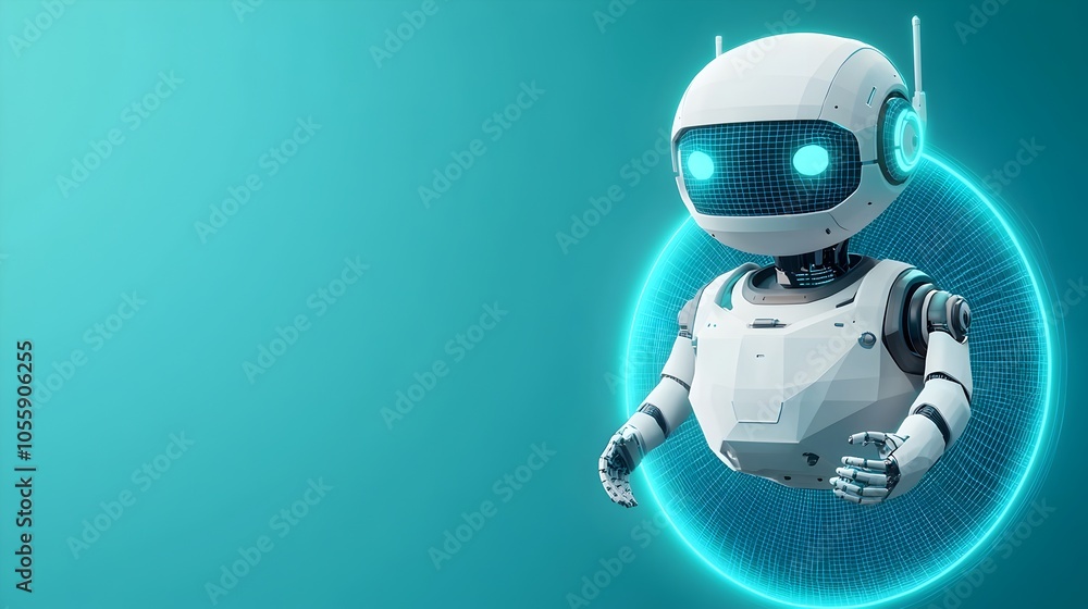 Poster cute robot floating above neon blue futuristic portal with innovative technology innovations in a lo