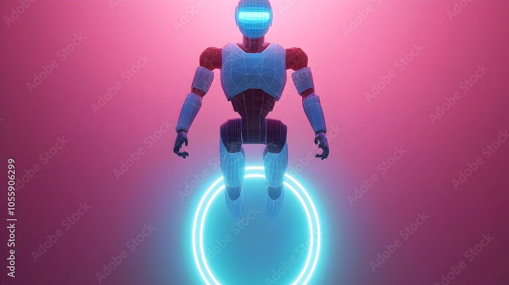 Poster Hovering Polygonal Blue Robot Above Neon Light Portal with Futuristic Tech Vibes and Low Poly Wireframe Look Depicting Innovation and Technological Advancements