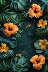 Fototapeta premium Vibrant hibiscus flowers amidst lush tropical leaves in a serene paradise setting