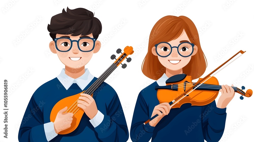 Poster minimalist avatar icon representing the profession of a musician featuring a flat design with a comp