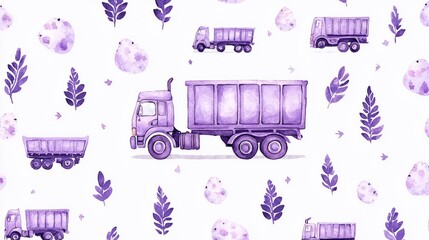 Watercolor illustration of a purple dump truck with leaves and dots on a white background.
