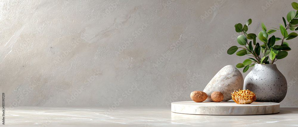 Poster elegant composition of textured marble podium and asymmetrical shapes with natural elements for cont