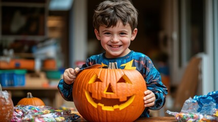 Fototapeta premium Joyful little boy in colorful costume carving a pumpkin for halloween fun