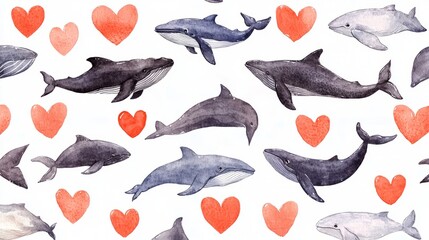 Watercolor seamless pattern of whales and hearts on a white background.