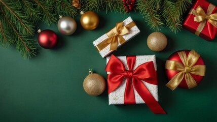 Naklejka premium Green Christmas background with fir branches and decorations. with copyspace