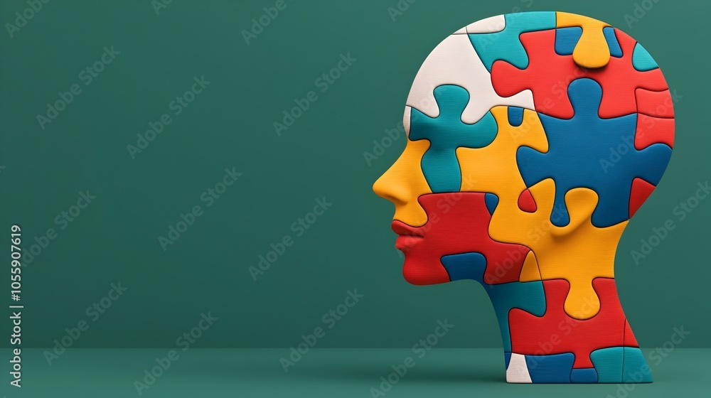 Poster conceptual abstract puzzle head with interconnected geometric shapes and pieces coming together symb
