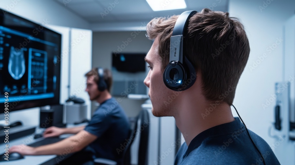 Poster a man with brown hair wears headphones while sitting at a computer. the computer screen is displayin