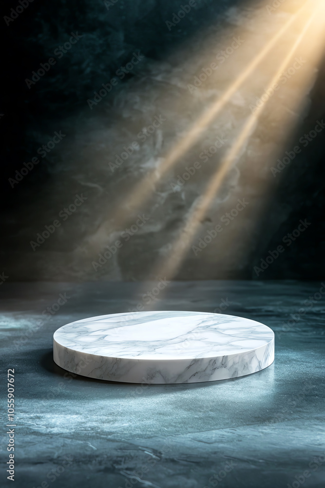 Poster elegant display a white marble podium with intricate veining illuminated by soft spotlighting
