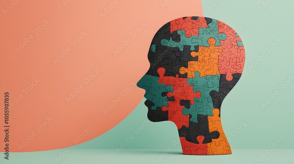 Poster fragmented human head constructed from puzzle pieces visualizing the complex themes of mental health