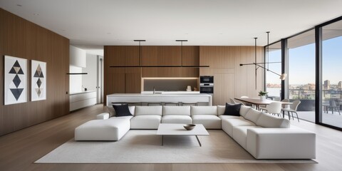 Modern minimalist living room, floor-to-ceiling windows, city skyline view, neutral color palette, brown accent wall, white sofa, low coffee table, abstract wall art, recessed lighting, hardwood floor