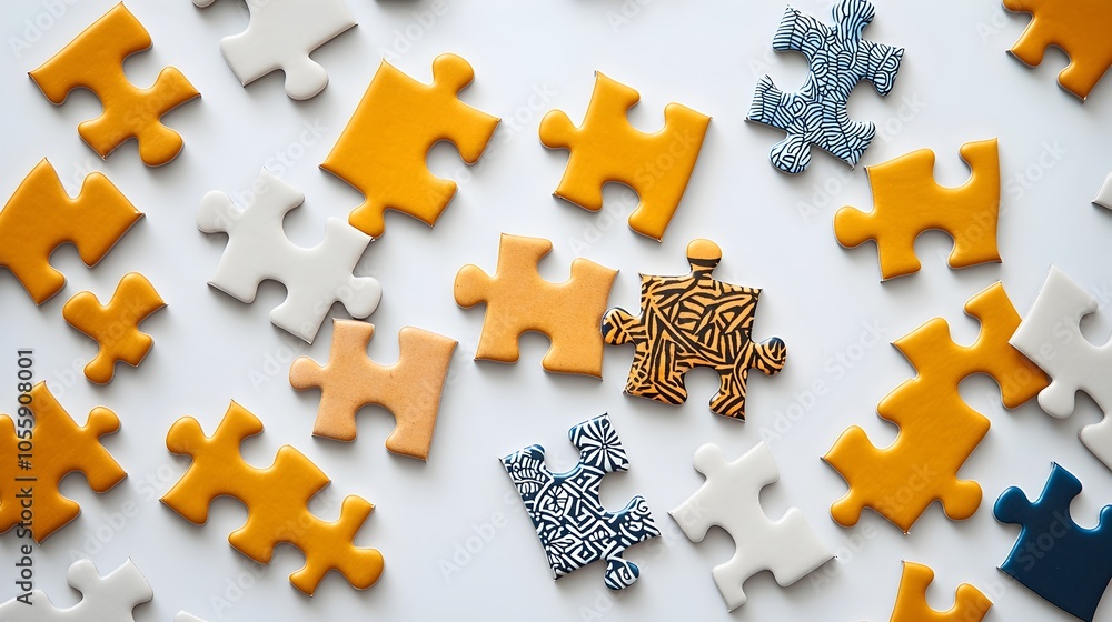 Aufkleber Vibrant and Intricate Puzzle Pieces Scattered on a Clean White Background Each One Featuring Unique Patterns and Textures Waiting to be Assembled into a Visually Captivating Composition