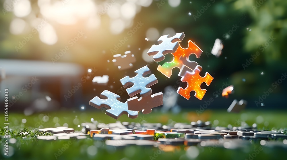 Leinwandbilder Vibrant floating puzzle pieces in mid air each piece illuminated with bright glowing colors forming a captivating dynamic abstract composition