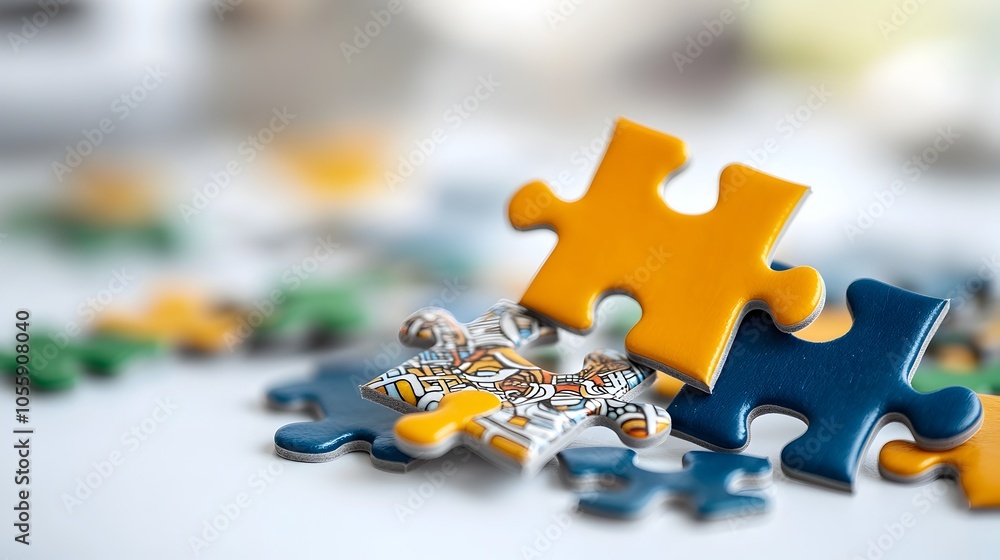 Poster A collection of vibrant colorful puzzle pieces with intricate patterns and textures scattered randomly on a clean minimalist white surface waiting to be assembled into a captivating