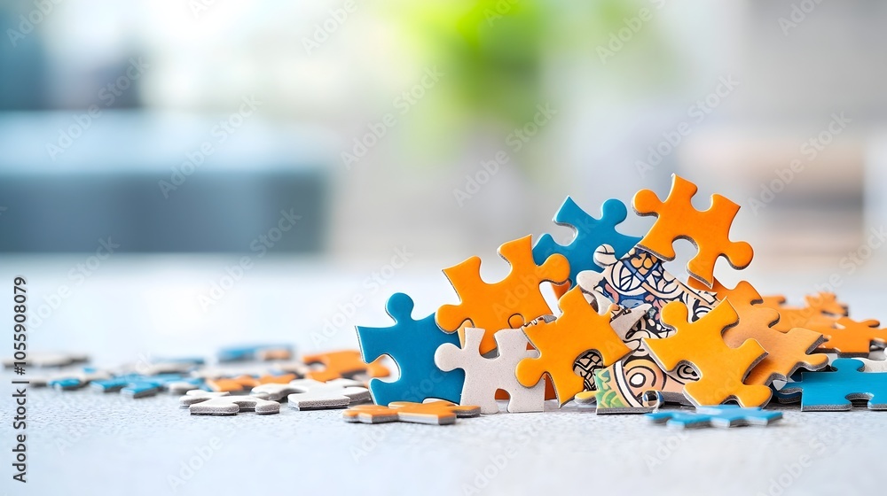 Leinwandbilder A captivating still life composition featuring an array of colorful puzzle pieces scattered across a clean white surface each piece showcasing intricate patterns textures and designs