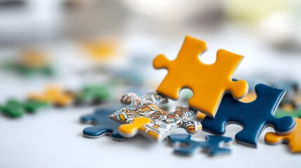 A collection of vibrant colorful puzzle pieces with intricate patterns and textures scattered randomly on a clean minimalist white surface waiting to be assembled into a captivating