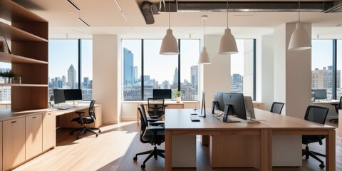 modern open office space, large windows, city skyline view, wooden floors, white walls, exposed ceiling, ergonomic office chairs, sleek desks, minimalist design, natural light, spacious interior, cont
