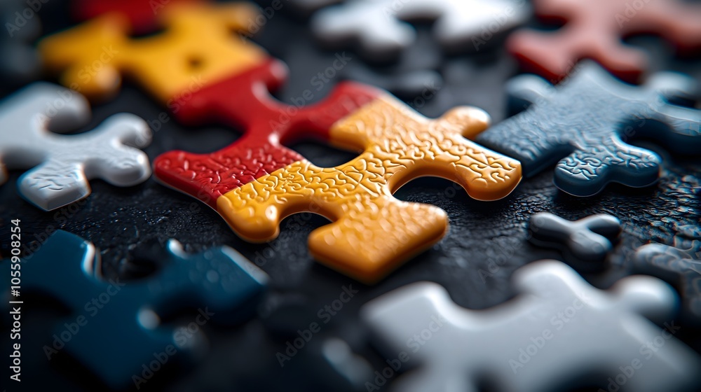 Poster A close up view of puzzle pieces interlocking seamlessly forming a vibrant abstract image with detailed textures and vibrant colors