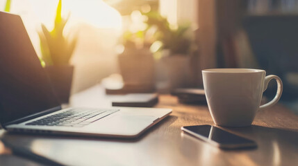 A business professional checking banking records online, with a laptop, phone, and a cup of coffee placed neatly on the desk