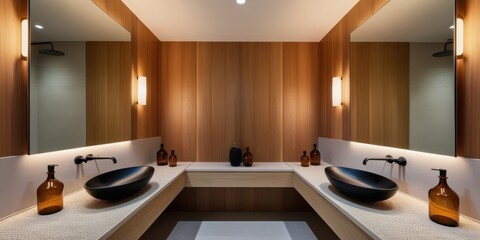 Modern luxury bathroom, double vanity, oval backlit mirrors, warm wood paneling, black vessel sinks, amber glass bottles, minimalist design, indirect lighting, high-end finishes, symmetrical layout, c
