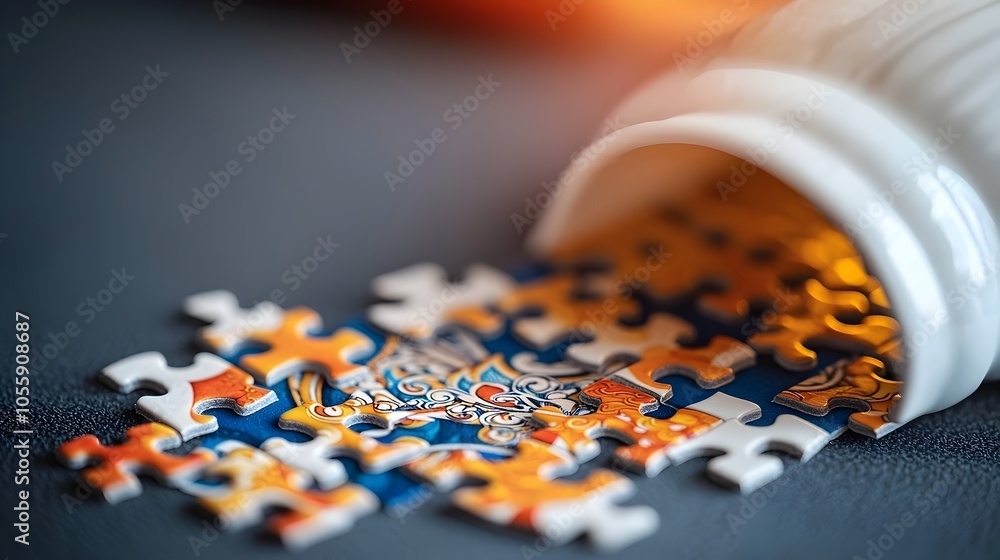 Poster revealing the intricate design within an unfinished puzzle vibrant colors and soft lighting unveil t