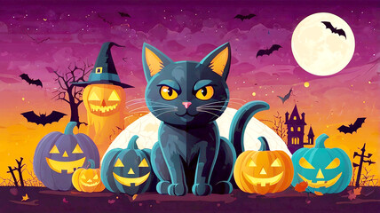 Halloween illustration, vibrant orange background, cartoon style, black cat, vampire, ghost, mummy, jack-o'-lantern, witch's broom, candy, bats, spider web, cauldron, skull, bone, crescent moon, potio