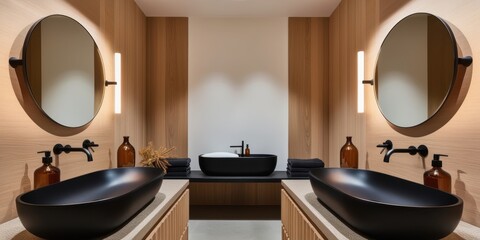 Modern luxury bathroom, double vanity, oval backlit mirrors, warm wood paneling, black vessel sinks, amber glass bottles, minimalist design, indirect lighting, high-end finishes, symmetrical layout, c