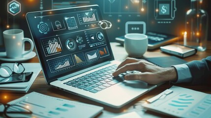 Business finance data analytics graph chart report, man using laptop computer hand typing