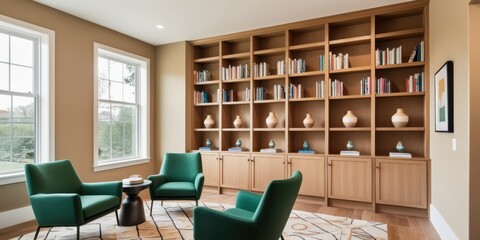 luxurious home library, floor-to-ceiling bookshelves, emerald green velvet armchairs, large windows, natural light, wooden flooring, modern lighting, cozy reading nook, minimalist decor, neutral color