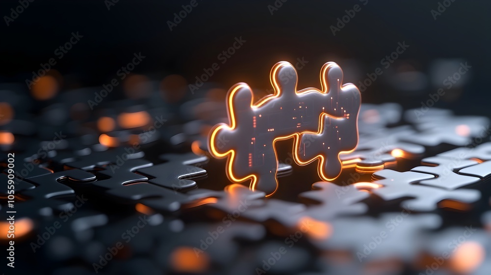 Aufkleber Futuristic neon puzzle pieces interlock in a captivating high tech abstract design creating a mesmerizing digital pattern against a dark background