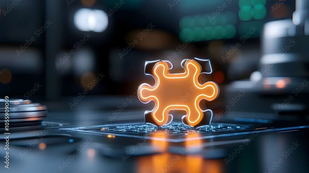 Aufkleber Futuristic abstract design featuring a puzzle like arrangement of glowing neon geometric pieces interlocking to form a high tech visually striking image set against a dark minimalist background
